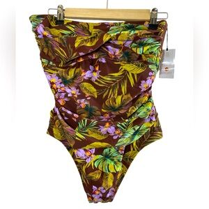 Shade & Shore Women’s M Brown floral design strapless one piece bathing suit